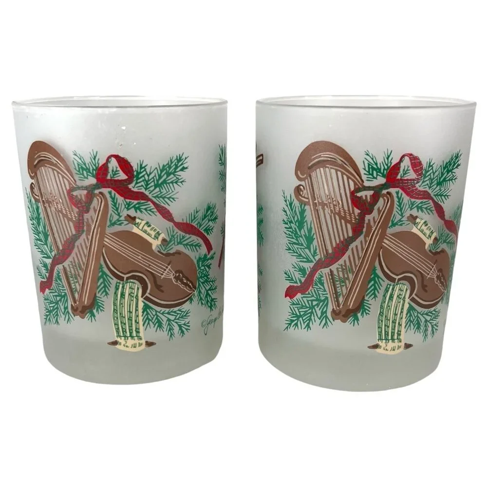 2 Georges Briard Christmas Glasses Frosted Old Fashioned Violin Drum‎ Harp VTG